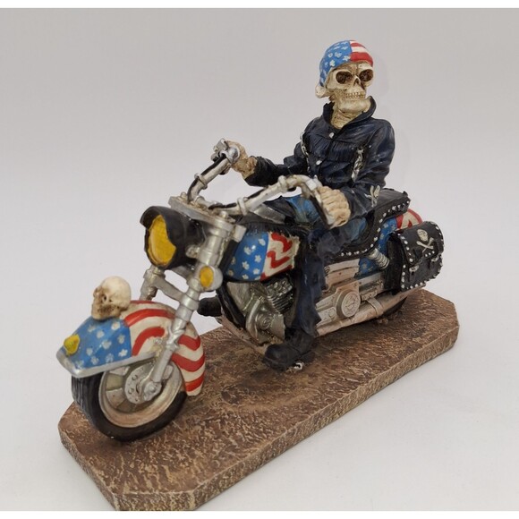 Skeleton Biker On Patriot Fat Boy Motorcycle Resin Figurine-Last Ride Motorcycle - Picture 1 of 11